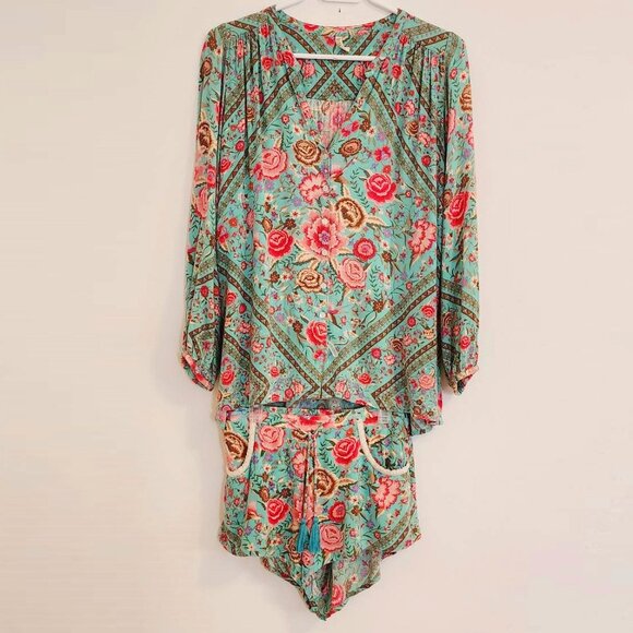 Spell & the Gypsy Collective Babushka Turquoise Blouse Shorts Set XS b179 - Picture 2 of 16